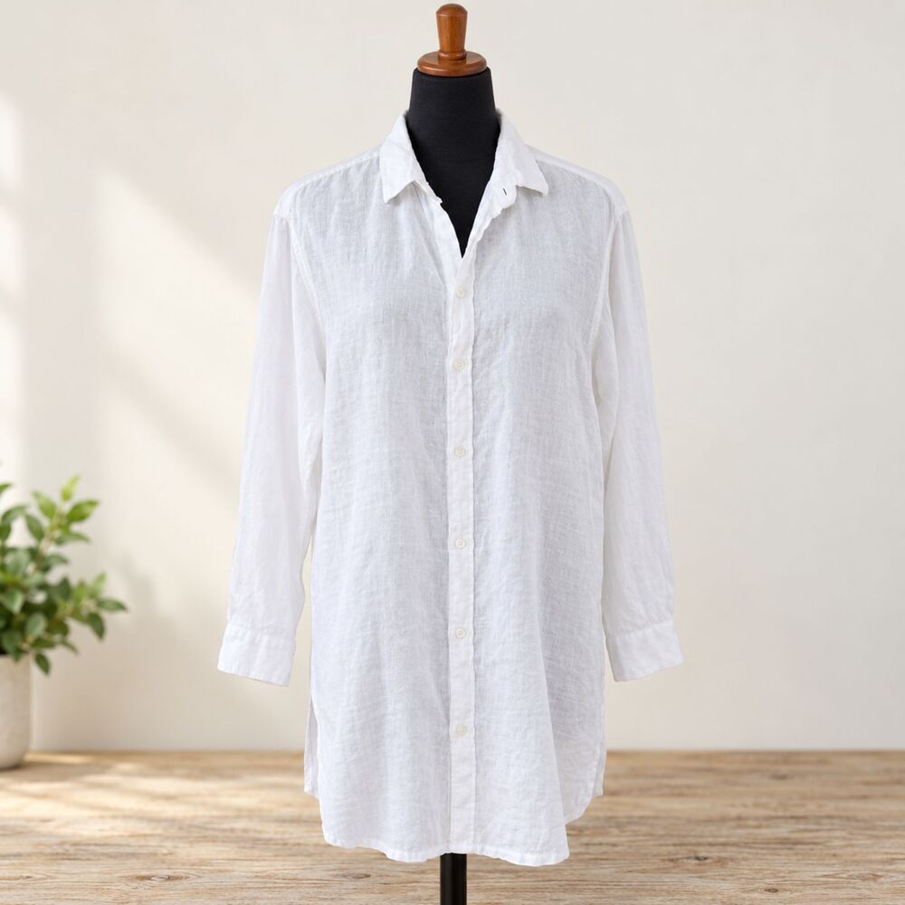Frank & Eileen Hunter White Linen Long Shirt Dress Button Down Italy Women's L